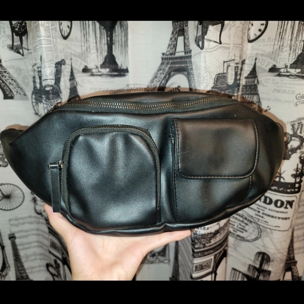 Vintage Black Leather Men's Waist Bag Unisex Hg5
